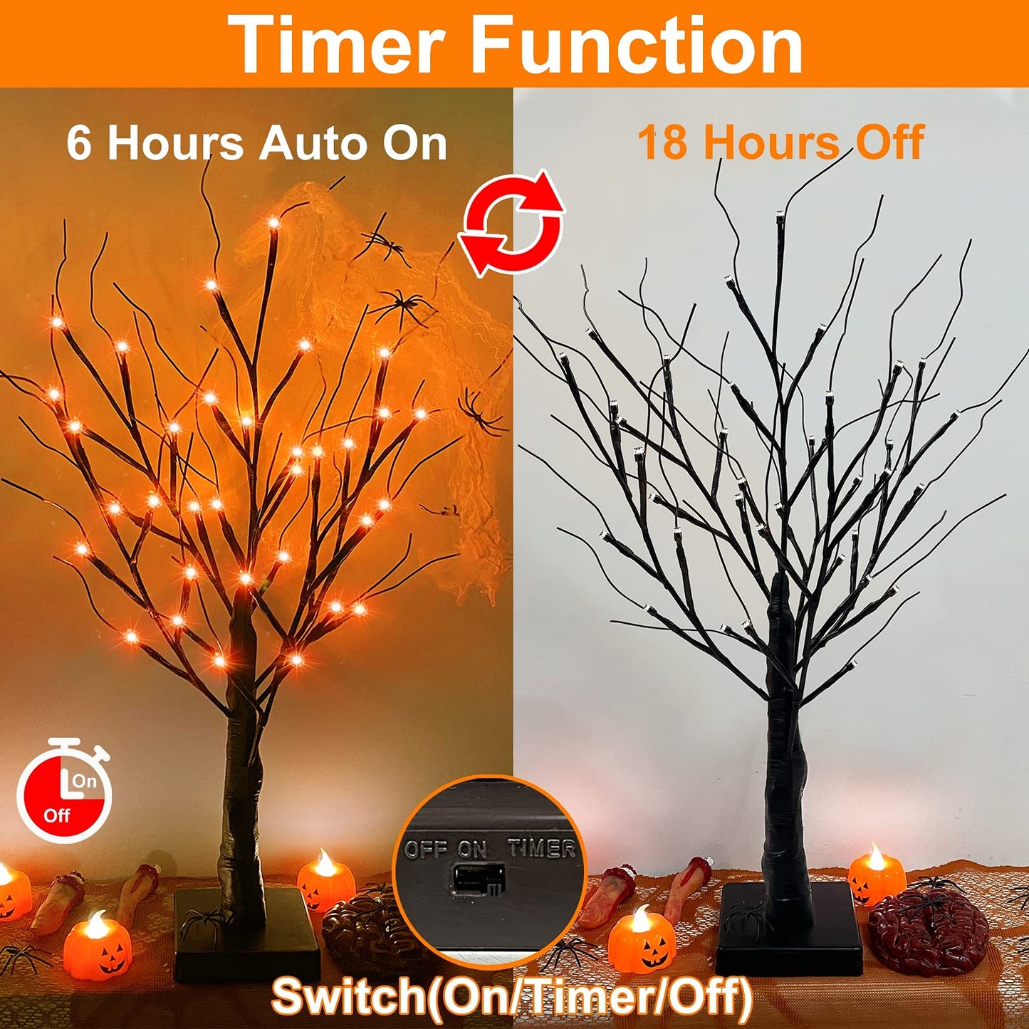 [ Timer ] TURNMEON 24" Black Halloween Tree with 36 LED Orange Lights Battery Powered Halloween Spooky Birches Tree Tabletop Trees for Halloween Decoration Indoor Home Decor