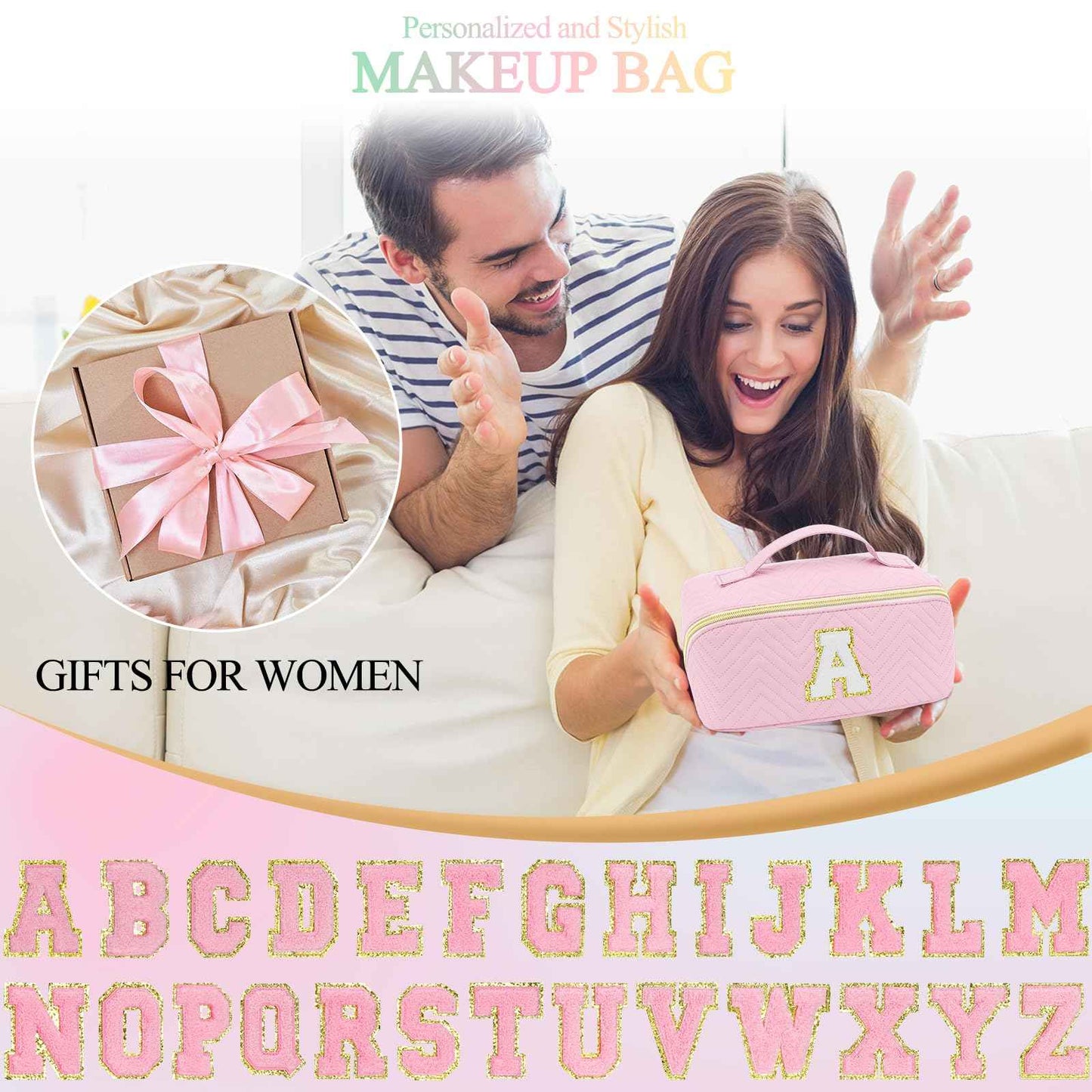 Makeup Bag Travel Toiletry Bag, Personalized Initial Pink Makeup Bag, Gift for Women Gils, Large Capacity Leather Cosmetic Bags, Waterproof Open Flat Organizer for Christmas, Halloween & Thanksgiving