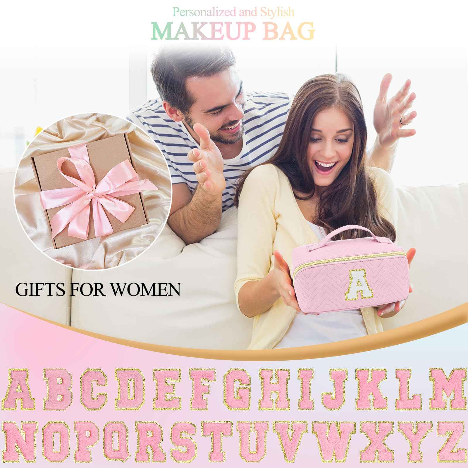 Makeup Bag Travel Toiletry Bag, Personalized Initial Pink Makeup Bag, Gift for Women Gils, Large Capacity Leather Cosmetic Bags, Waterproof Open Flat Organizer for Christmas, Halloween & Thanksgiving