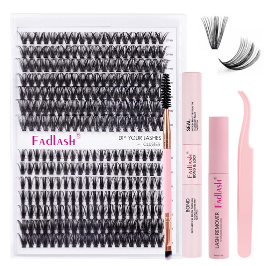 FADLASH DIY Lash Extension Kit Individual Lashes Cluster D Curl Eyelash Extension Kit D Curl Lash Clusters Lash Applicator Tool for Self Application at Home(KIT 40D+50D-D-12-18mm)