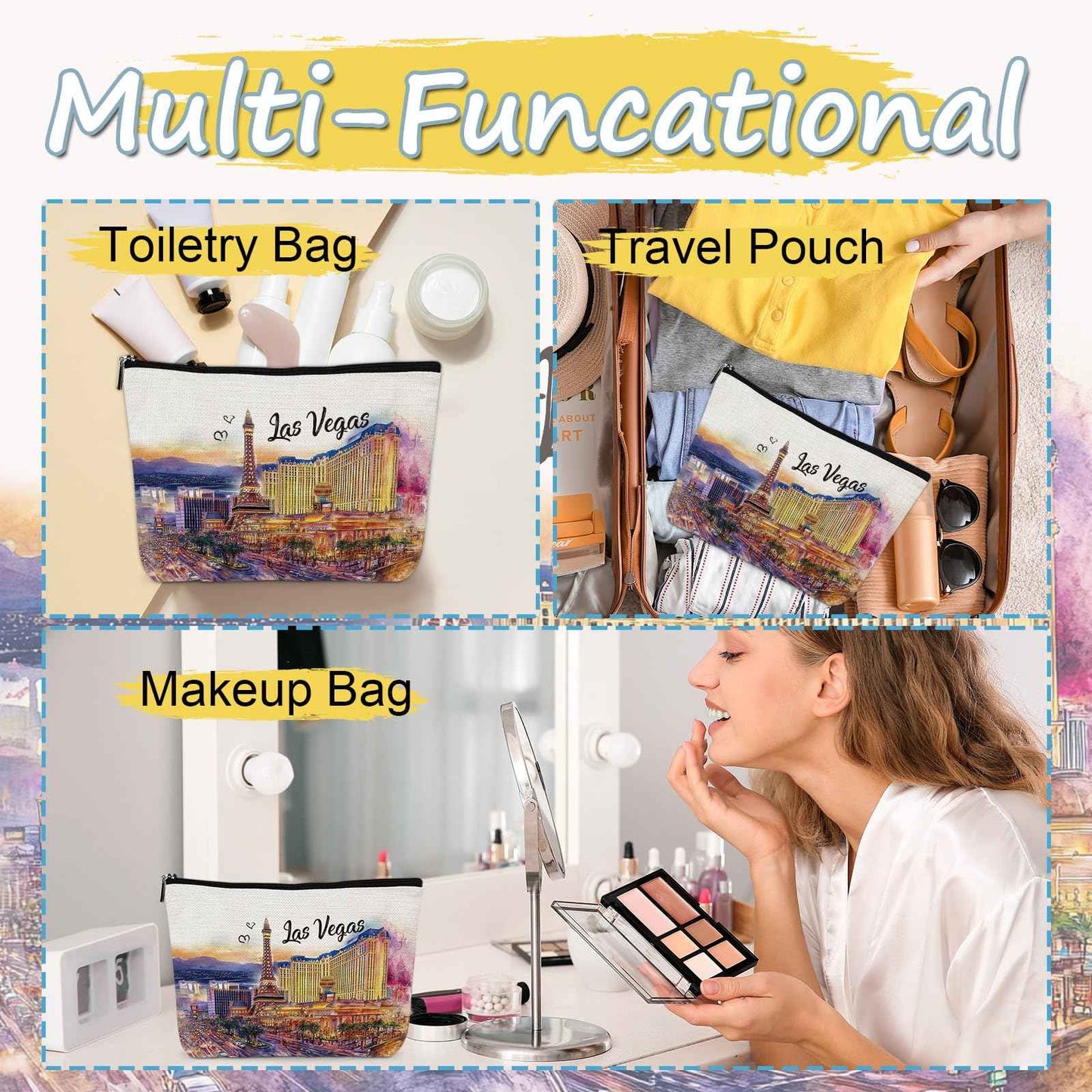 Luvsweets Las Vegas Souvenir Gift - Watercolor City Travel Makeup Bag, Las Vegas Travel Lovers Cosmetic Bags, Las Vegas Vacation Trip Gifts for Women Girls Sister Birthday Christmas Gift
