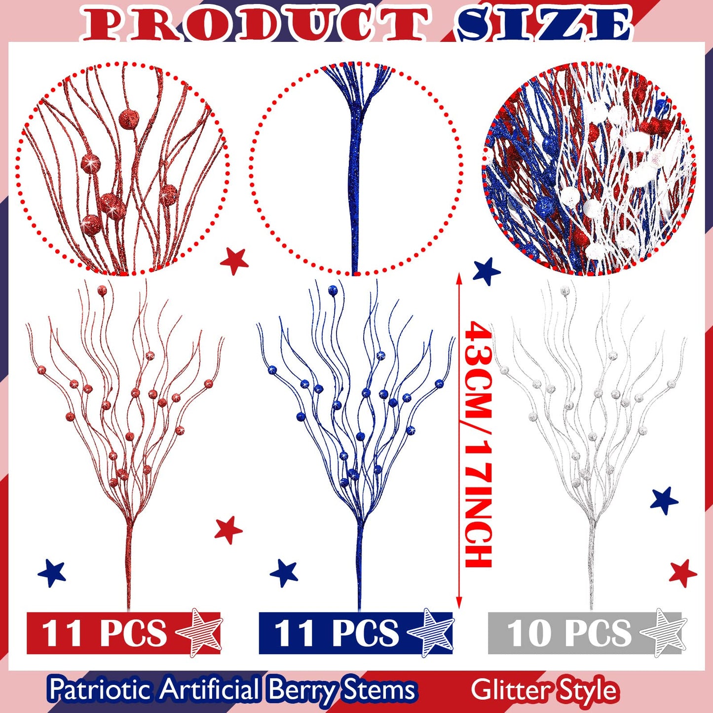 Giegxin 32 Pcs Patriotic Artificial Berry Stems Labour Day 17 Inch Berry Picks Memorial Day 4th of July Glitter Berry Stems Patriotic Picks for Independence Day Decor(Red, Blue, White)