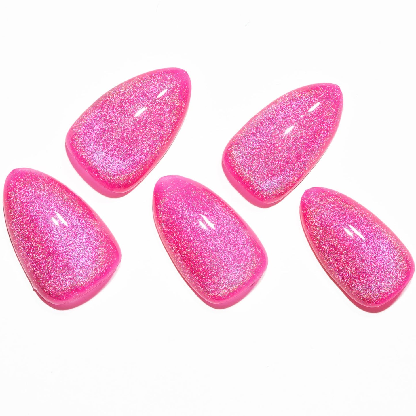 GLAMERMAID Press on Nails Short Almond, Handmade Summer Rainbow Hot Pink Cat Eyes Gel Nails Polish Glue on Nails, Glossy Reusable UV Finish Fake Nails Acrylic False Nails Manicure Kits for Women Gift