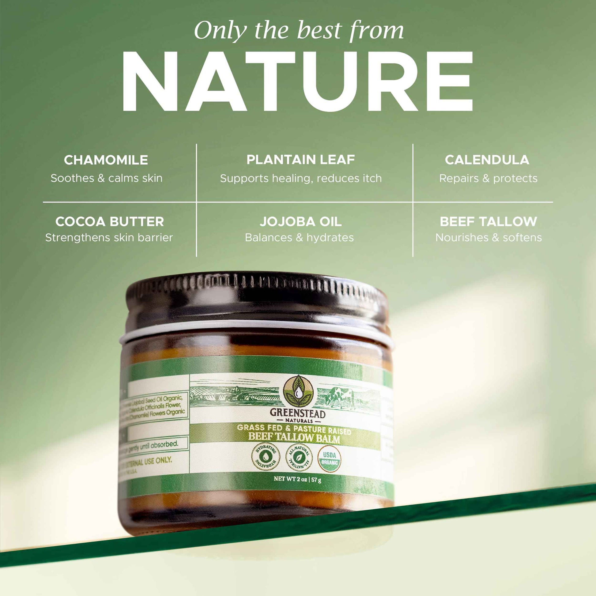 Greenstead Naturals Organic Beef Tallow for Skin – USDA-certified Whipped Tallow Balm for Skin Face and Body with Jojoba Oil and Cocoa Butter – Unscented and Herb-Infused – 2 oz.
