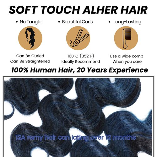 ALHER Black Mix Blue Body Wave 4x4 Lace Closure, 12A #1B/BlueColored Closure Free Part Pre Plucked with Baby Hair, 100% Virgin Remy Human Hair for Black Women 150% Density 12 Inch