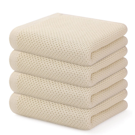 Kitinjoy 100% Cotton Waffle Weave Kitchen Towels, 4-Pack Super Soft and Absorbent Kitchen Dish Towels for Drying Dishes, Kitchen Hand Towels, 13 in x 28 in, Beige