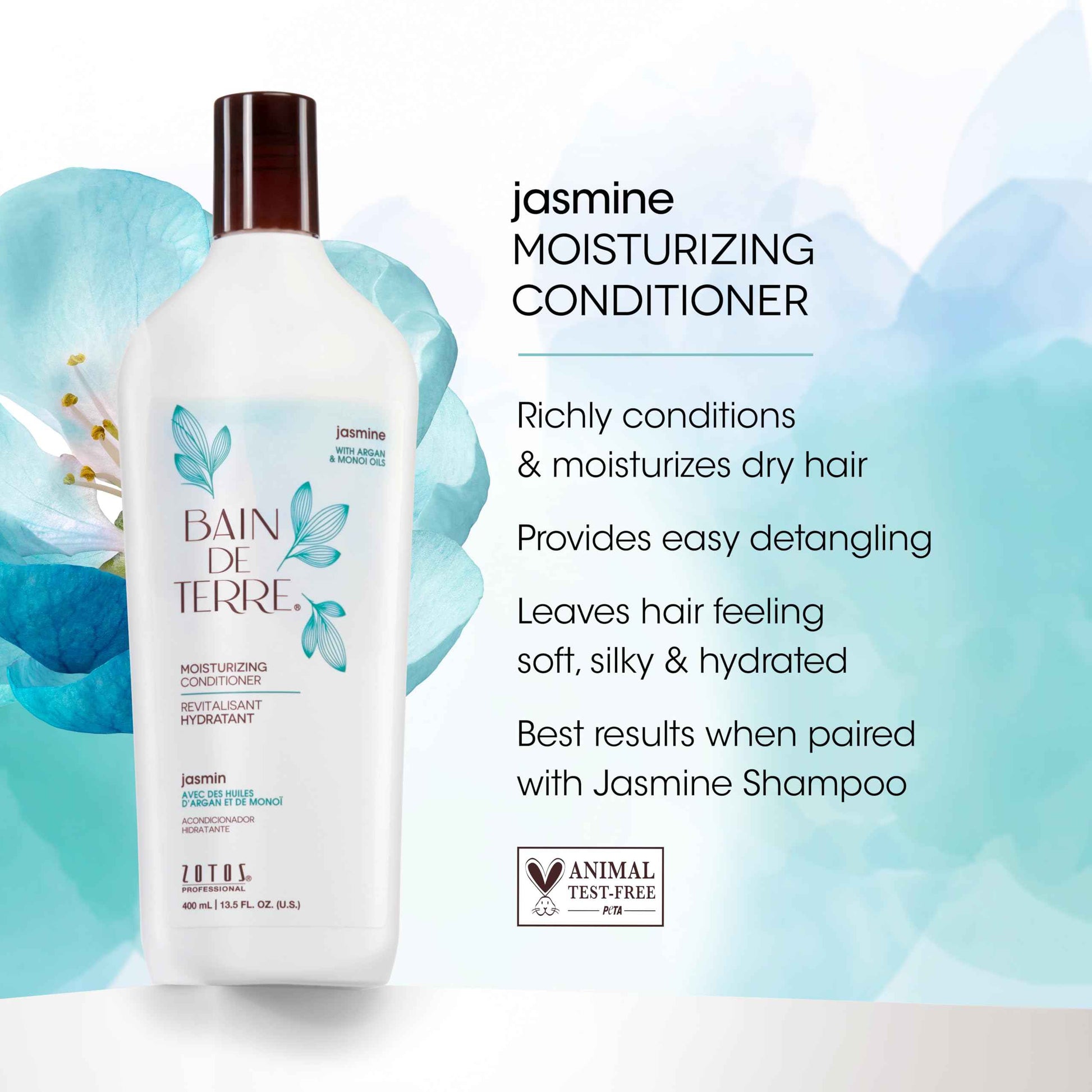 Bain de Terre Moisturizing Shampoo and Conditioner Set | Jasmine | Hydrates & Moisturizes Dry, Damaged Hair | Argan & Monoi Oils | Paraben Free | Color-Safe | 13.5 Fl Oz