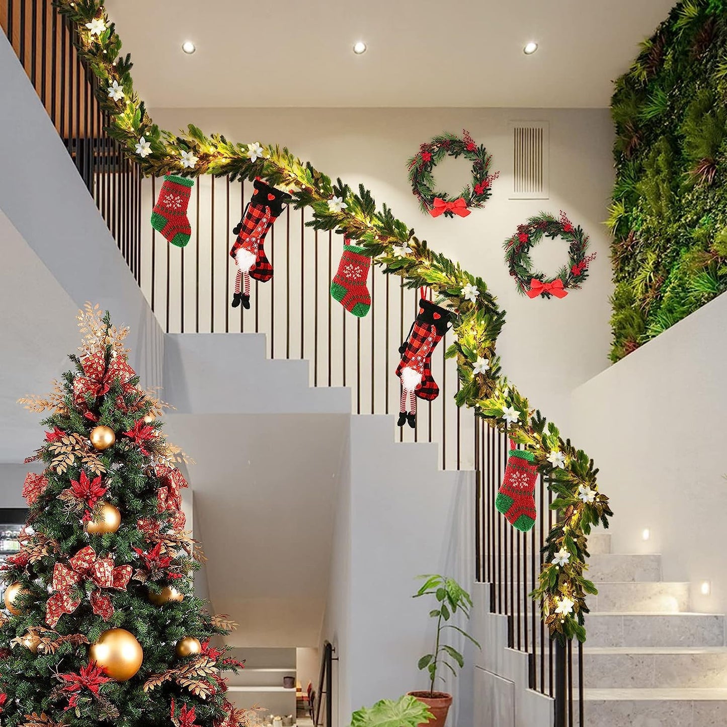 Christmas Garland Decoration with Lights - 9FT 70 LED Lighted Christmas Garland with Pine Cones, Berry Clusters, White Flower, Pine Branches, Leaves, Mixed Decorations for Mantle Fireplace Stairs Door