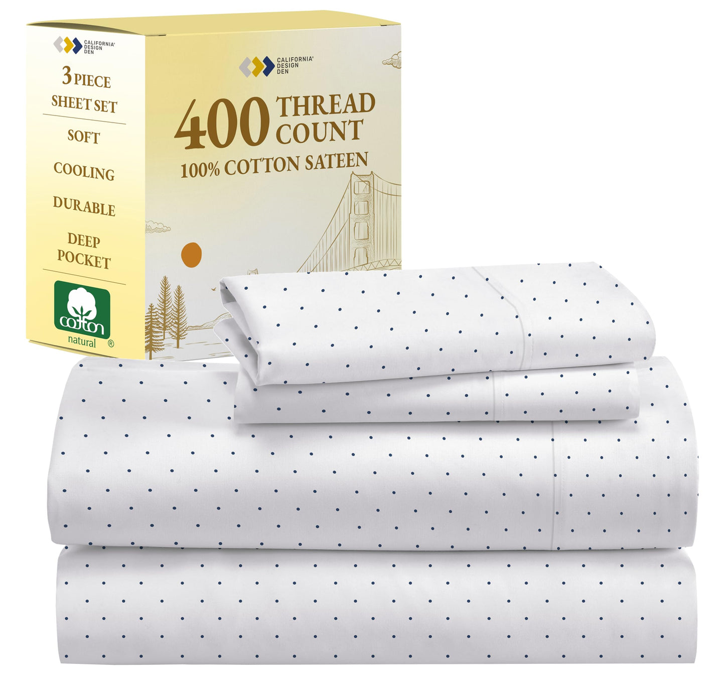 California Design Den Polka Dot Sheets Softest 100% Cotton Sheets for Twin Size Bed, Luxury 400 Thread Count Sateen, Printed Pattern (Polka Dot)