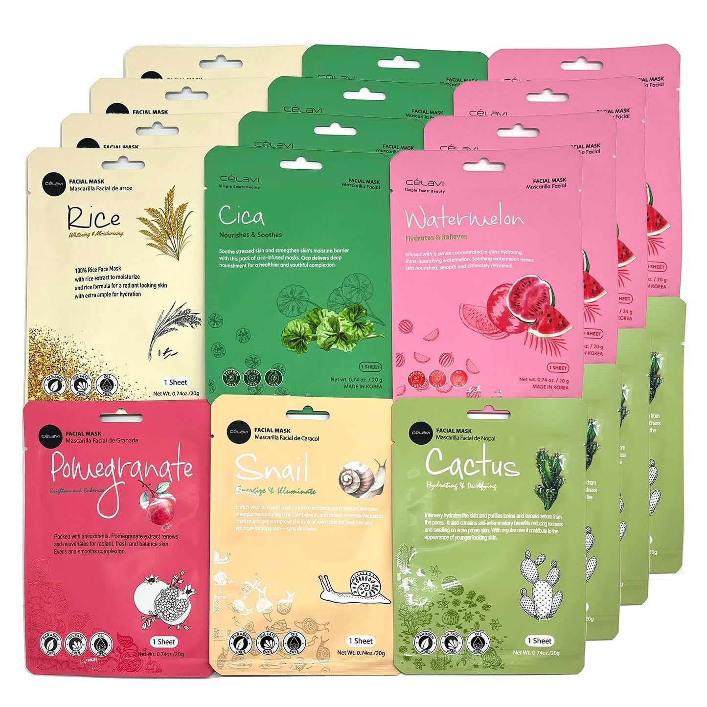 Celavi K-Beauty Skincare Essence Facial Face Mask Korea Skin Care Moisturizing B Set (4 of each)