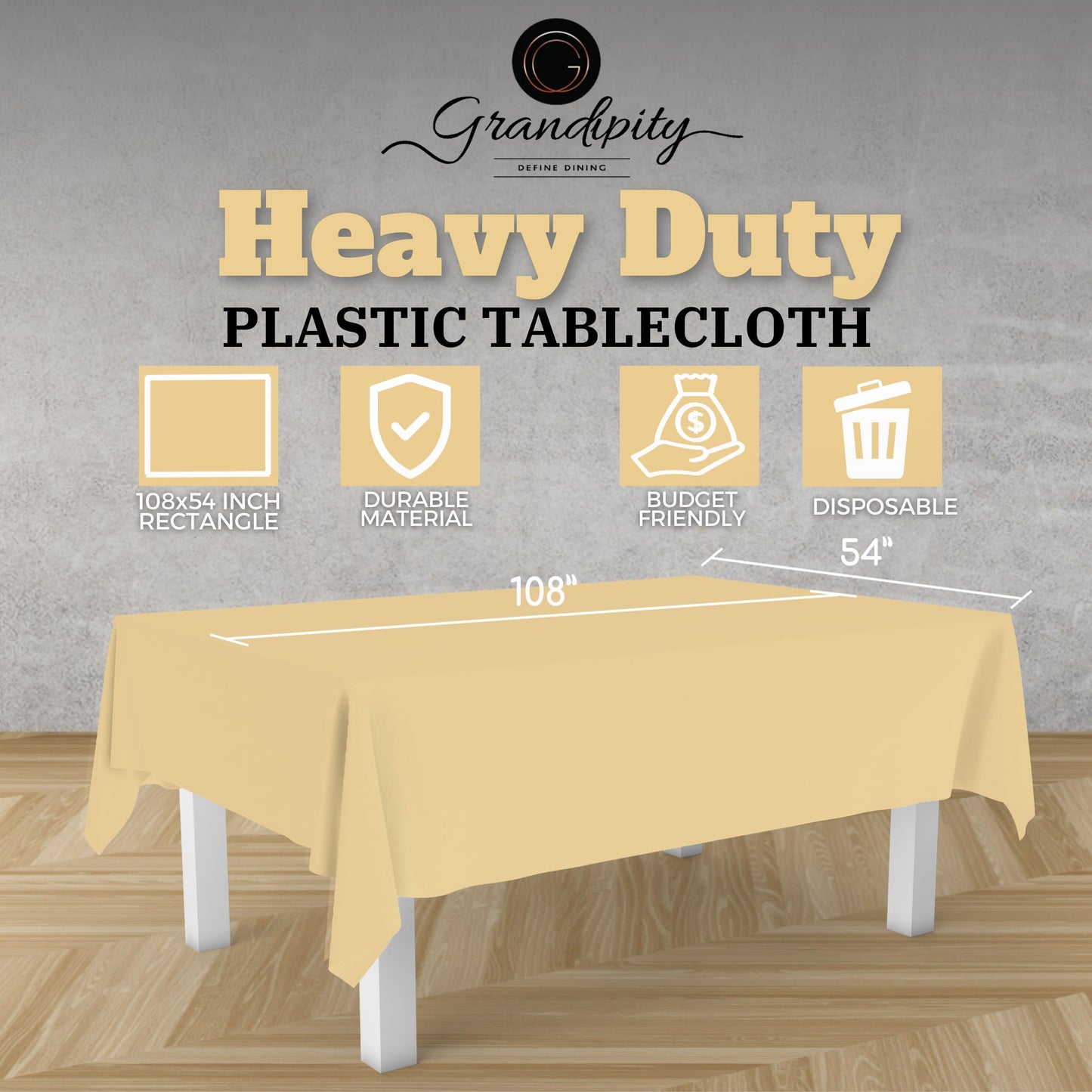 Grandipity Ivory 12 Pack Premium Disposable Plastic Tablecloth 54 Inch. x 108 Inch. Decorative Rectangle Table Cover