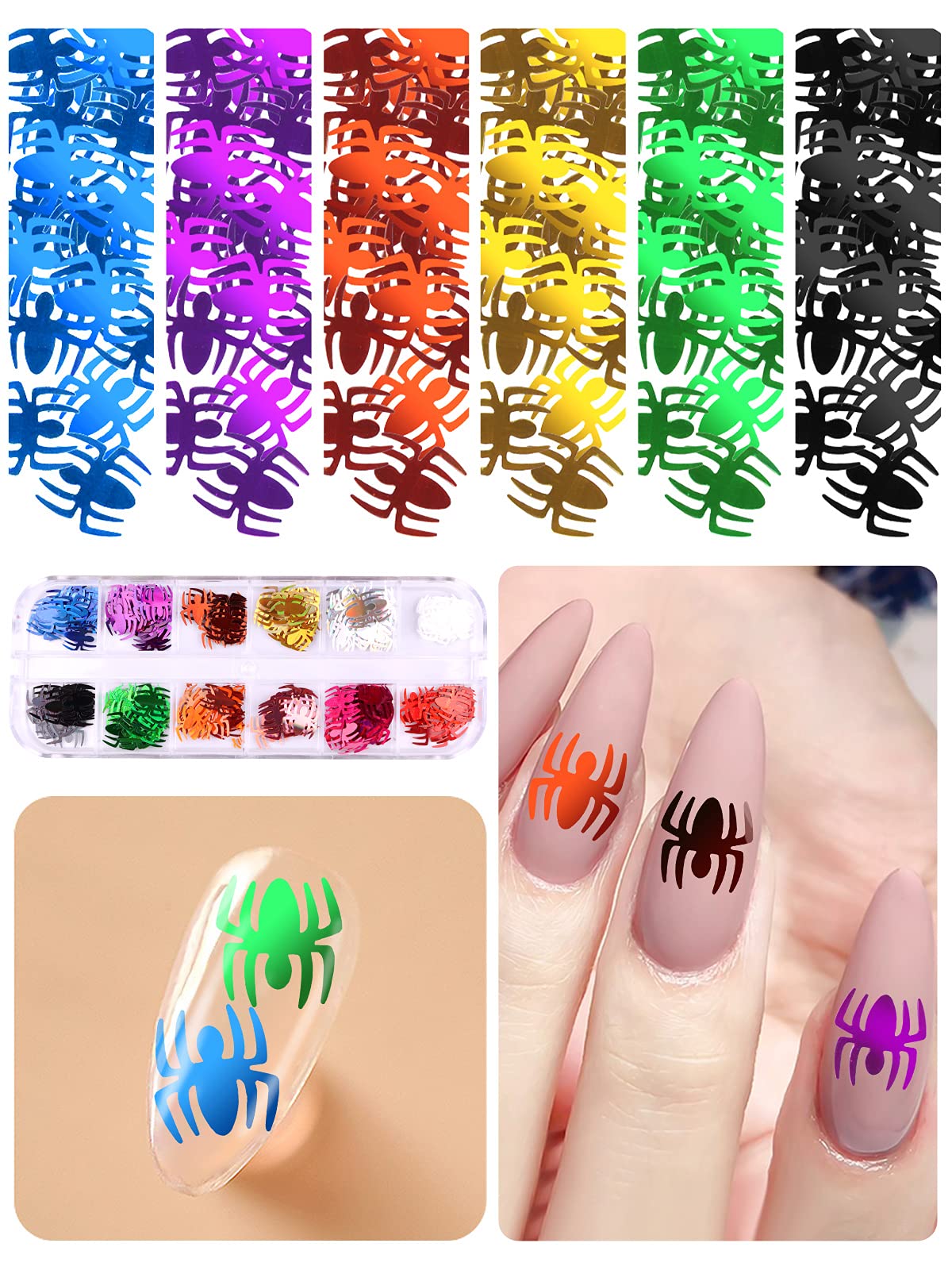 EBANKU 4 Boxes Halloween Nail Art Glitter Sequins, 3D Holographic Skull Spider Pumpkin Bat Ghost Witch Shape Nail Glitter Flakes, Laser Sequins for Nails Design Halloween Party