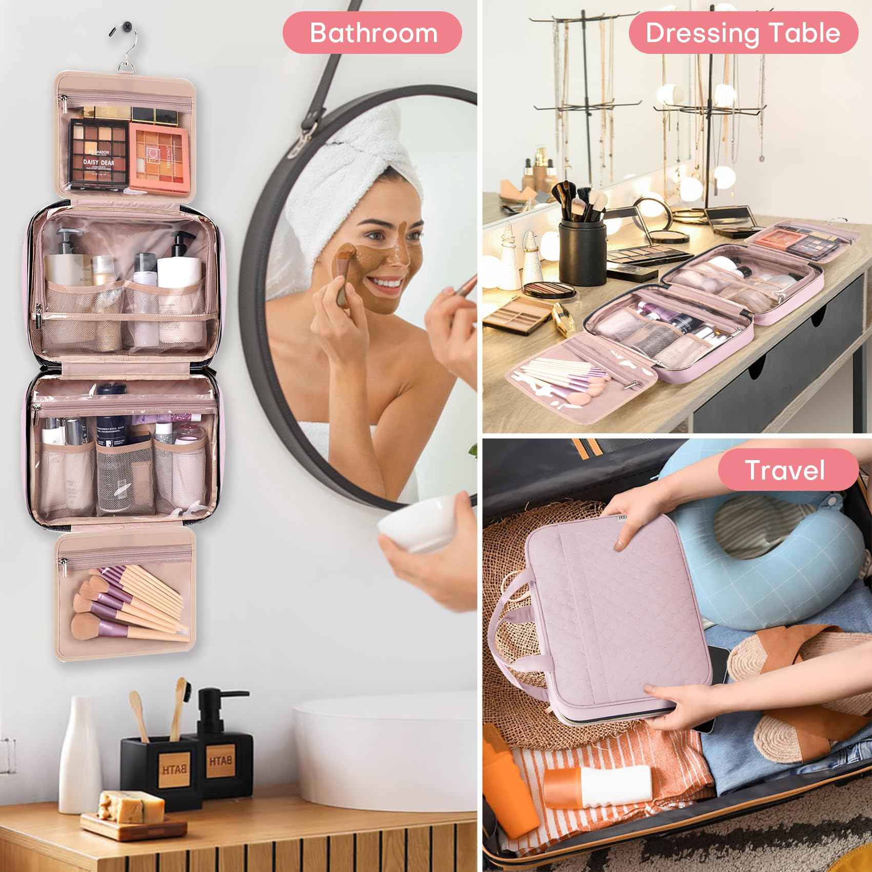 HXLGMD Travel Size Toiletry Bag for Women, Portable Cosmetic Bag with Hanging Hook, Travel Essentials Water-resistant Makeup Organizer for Accessories, Shampoo, Full-size Container, Toiletries