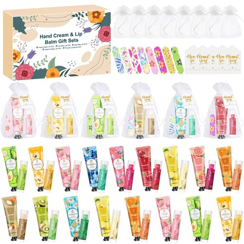 24 Sets Bulk Gifts For Women, Hand Cream Lotion, Lip Balm, Mini Nail Files Gifts Set with Organza Bags, Thank You Card, Baby Shower Bridal Wedding Favor for Guests, Christmas Gifts for Women