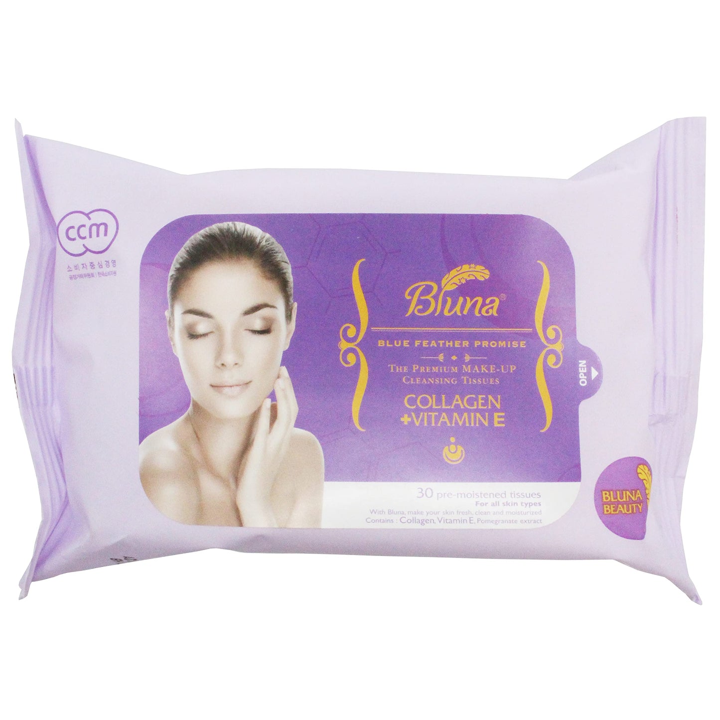 Bluna Facial Make-Up Cleansing Tissue for All Skin Types, Collagen + Vitamin E, 30ct per pack (2 PACK)