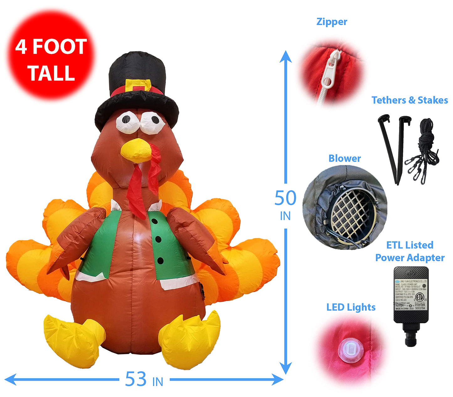 4 Foot Tall Happy Thanksgiving Inflatable Turkey with Pilgrim Hat Perfect Thanksgiving Autumn LED Lights Decor Outdoor Indoor Holiday Decorations, Blow up Lighted Yard Lawn Decor Home Family Outside