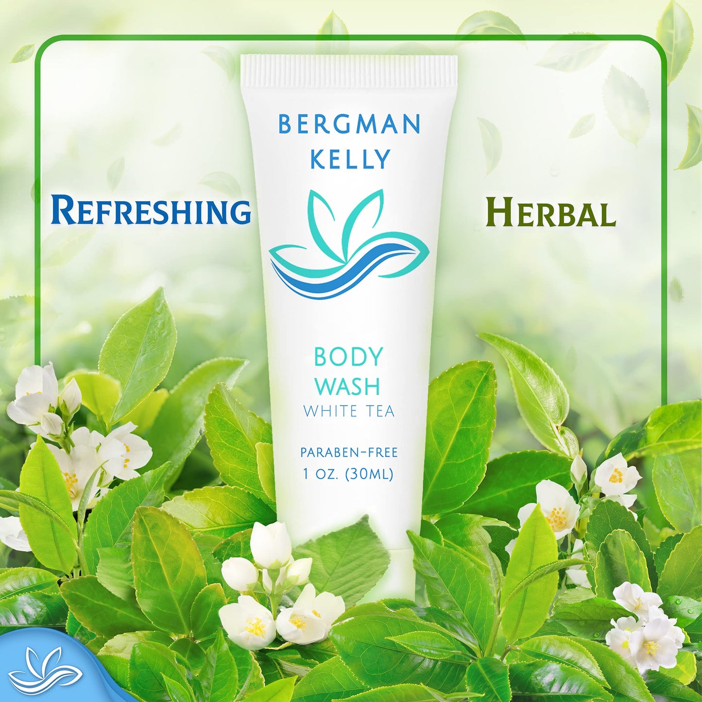 BERGMAN KELLY Travel Size Body Wash (1 fl oz, 100 PK, White Tea), Delight Your Guests with a Revitalizing and Refreshing Hotel Body Wash, Quality Mini and Small Size Guest Hotel Toiletries in Bulk