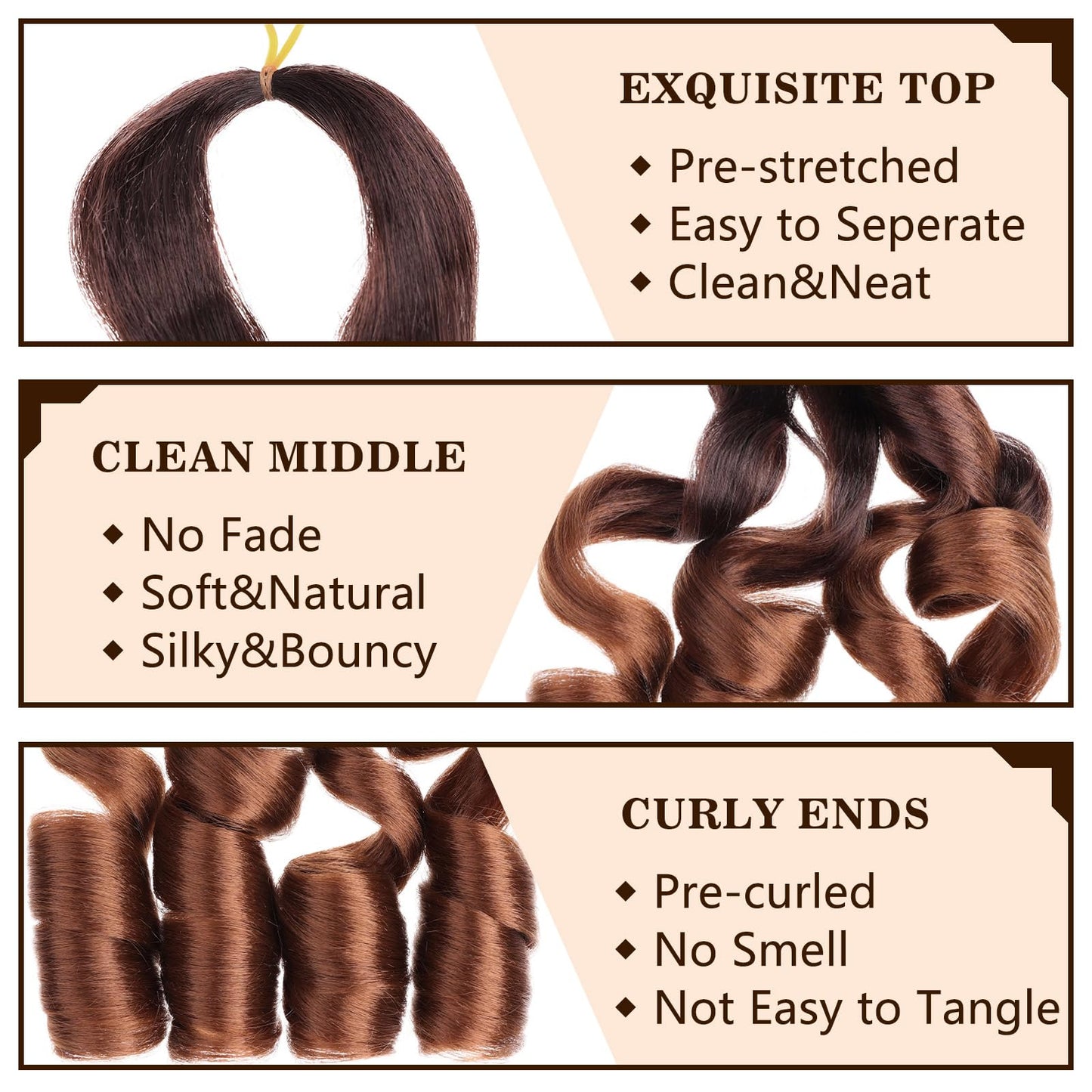 COOKOO 9 Packs 75g/Pack French Curly Braiding Hair Extensions 22 Inch Ombre Brown French Curl Braiding Hair with Curly Ends Bouncy Spanish Curls Synthetic Crochet Hair Extensions T4/30#