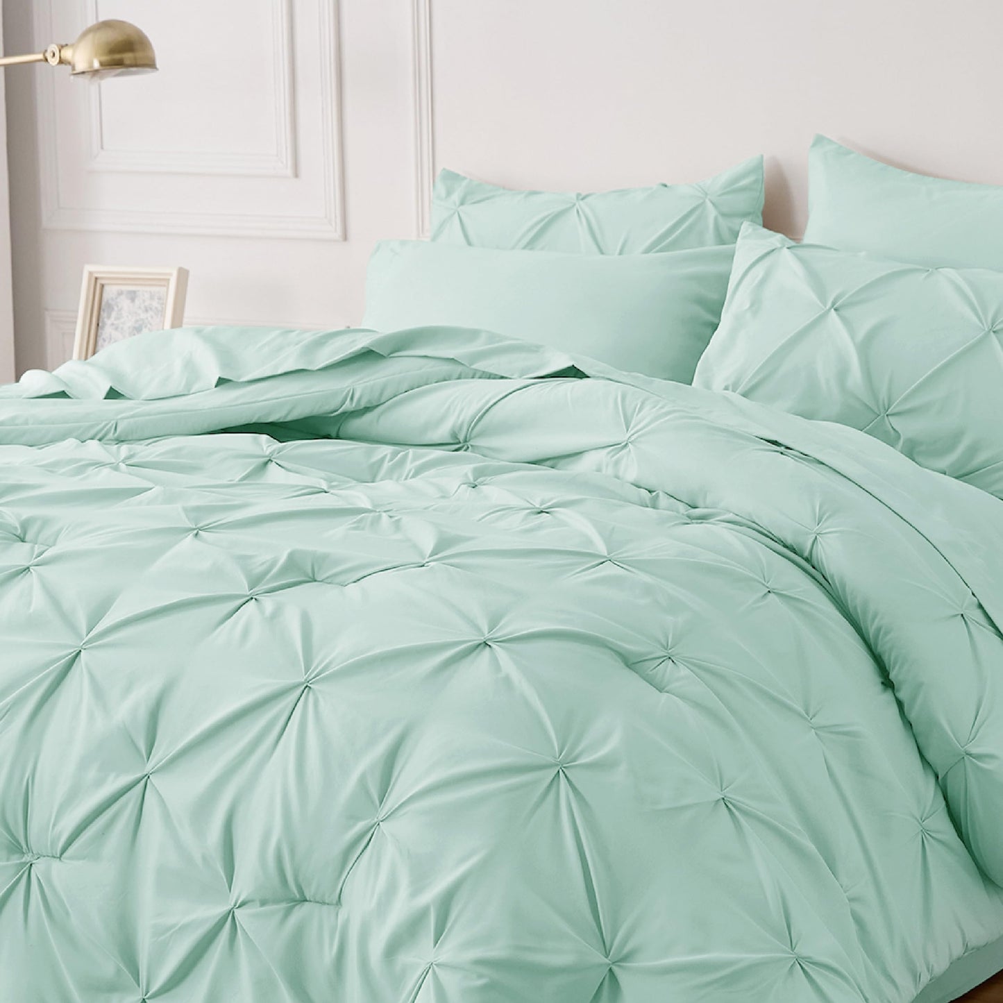 Bedsure Twin Comforter Set with Sheets - 5 Pieces Twin Bedding Sets, Pinch Pleat Mint Green Twin Bed in a Bag with Comforter, Sheets, Pillowcase & Sham