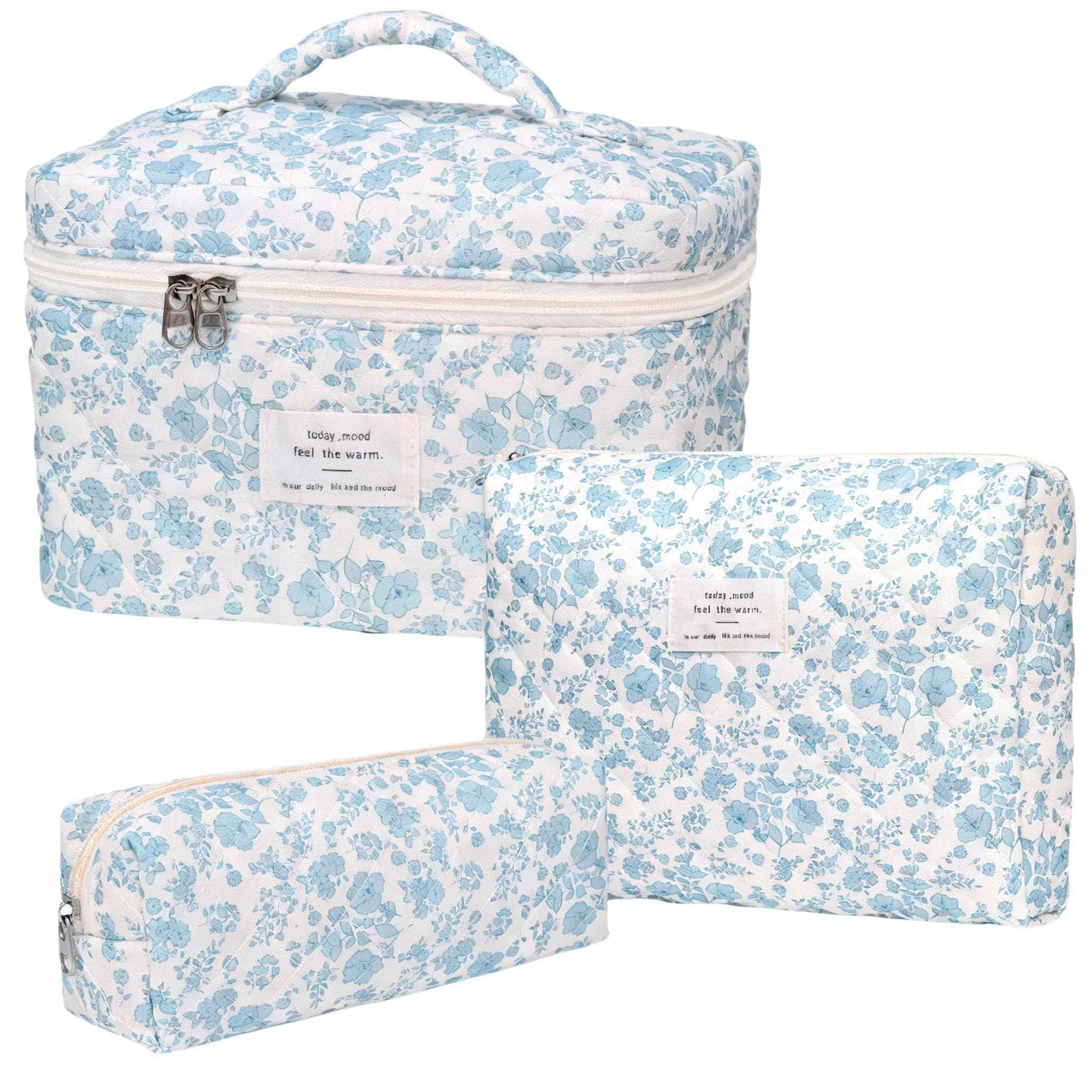 PGAXM 3PCS Makeup Bag,Quilted Cosmetic Bag,Large Floral Makeup Bag for Women,Cute Cotton Cosmetic Bag Set,Travel Toiletry Bag For Women