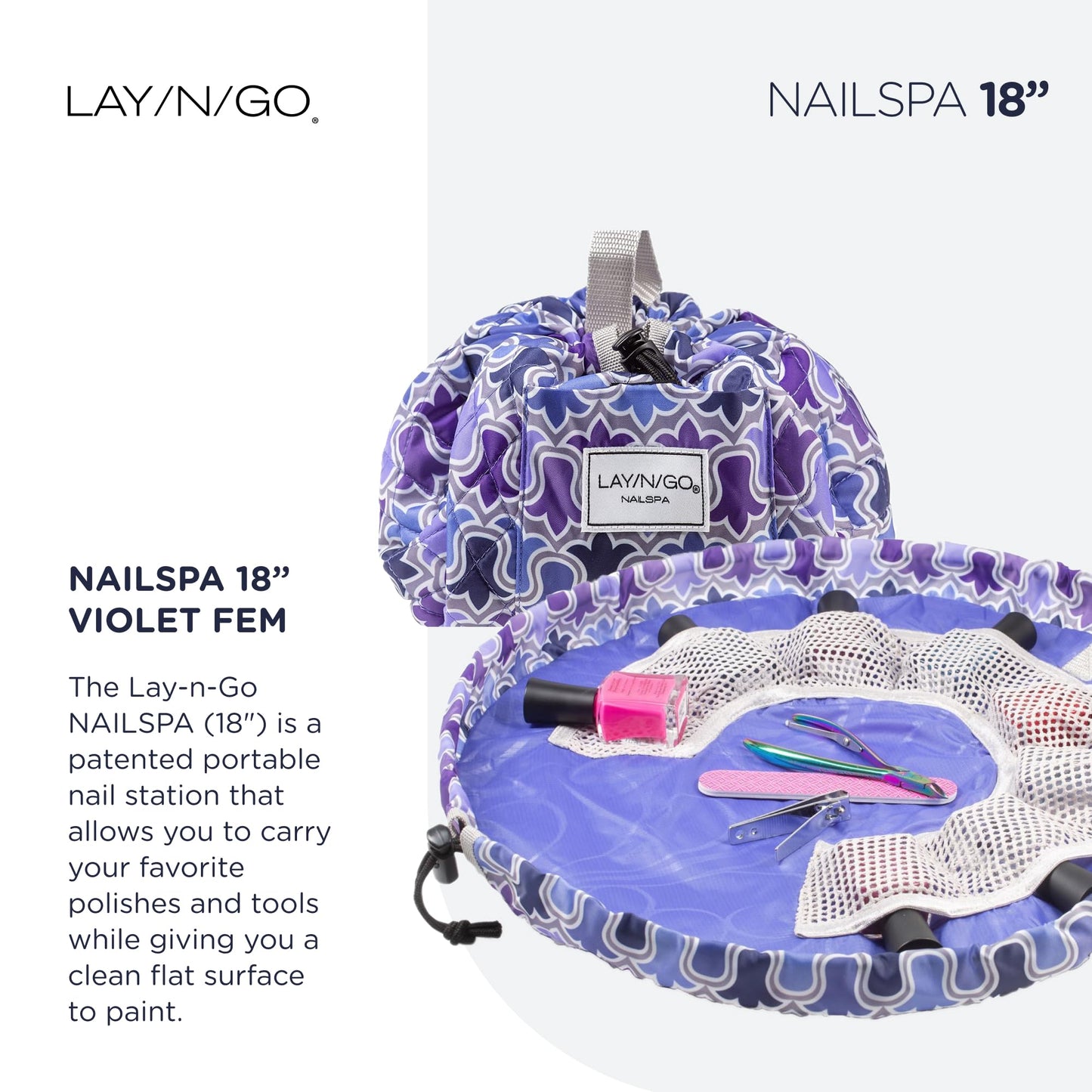 Lay-n-Go Nail Spa Drawstring Cosmetic Pouch Acrylic Nail Polish Holder, Organizer & Toiletry Bag for Travel, and Daily Use with a Durable Patented Design, 18 inch, Violet Fem (Purple)