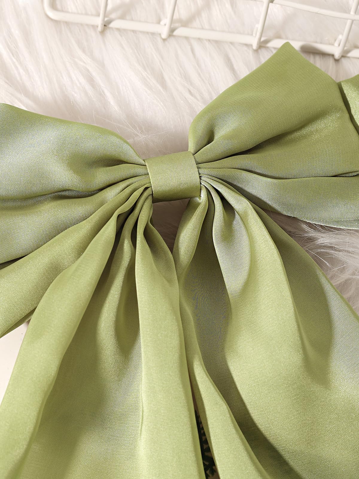 Furling Pompoms Hair Bows for Women - Pack of 2 Light Green Hair Bow Clips for Girls Satin Big Bows Long Tail Alligator Clip Ribbon Hair Barrette Hair Accessories for Bridal Bachelorette Party