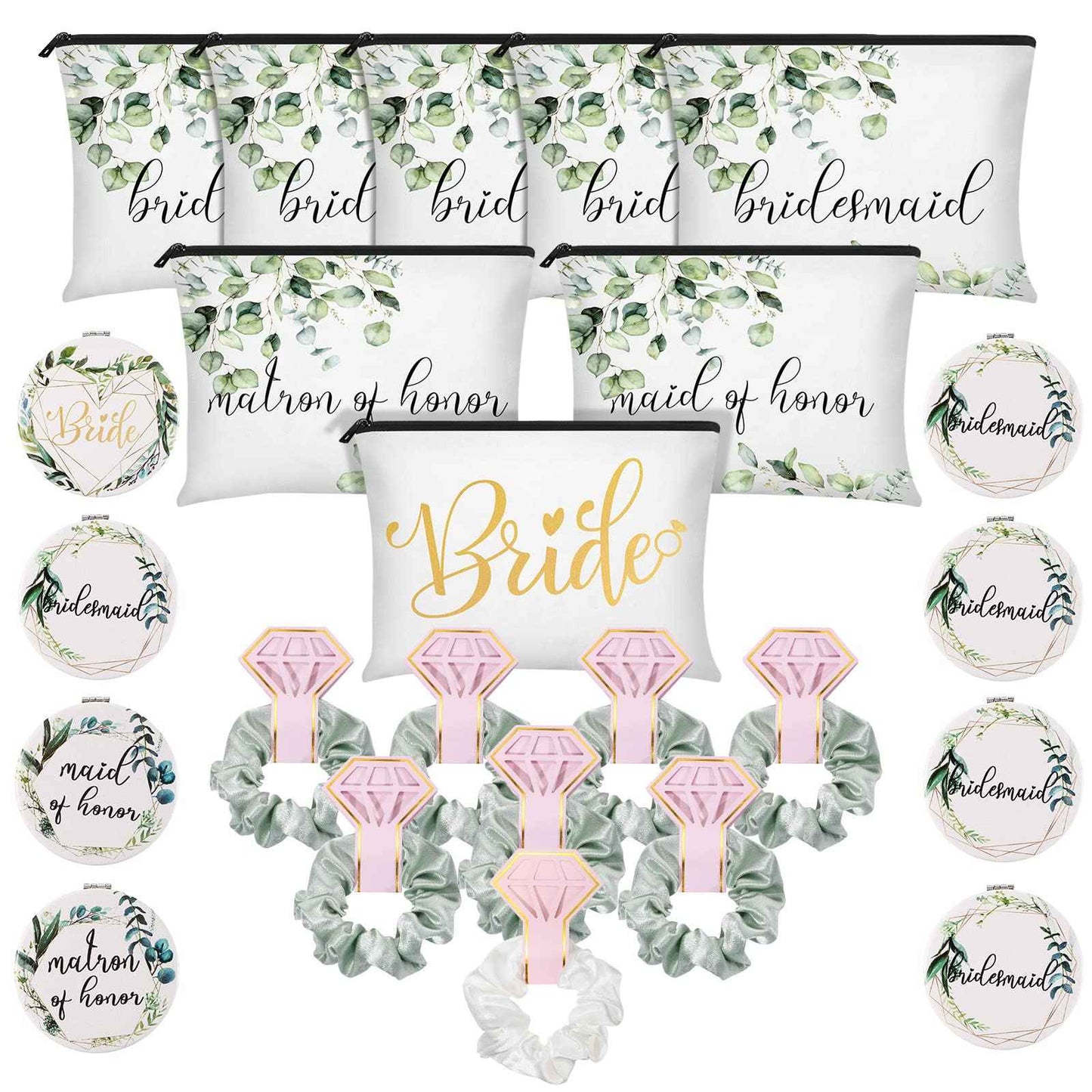 24 Pieces Bridesmaid Proposal Gifts Wedding Makeup Bag Gift Set Includes 8 Bridesmaid Makeup Bags 8 Satin Hair Scrunchies 8 Bridesmaid Compact Mirrors(Green Leaves)