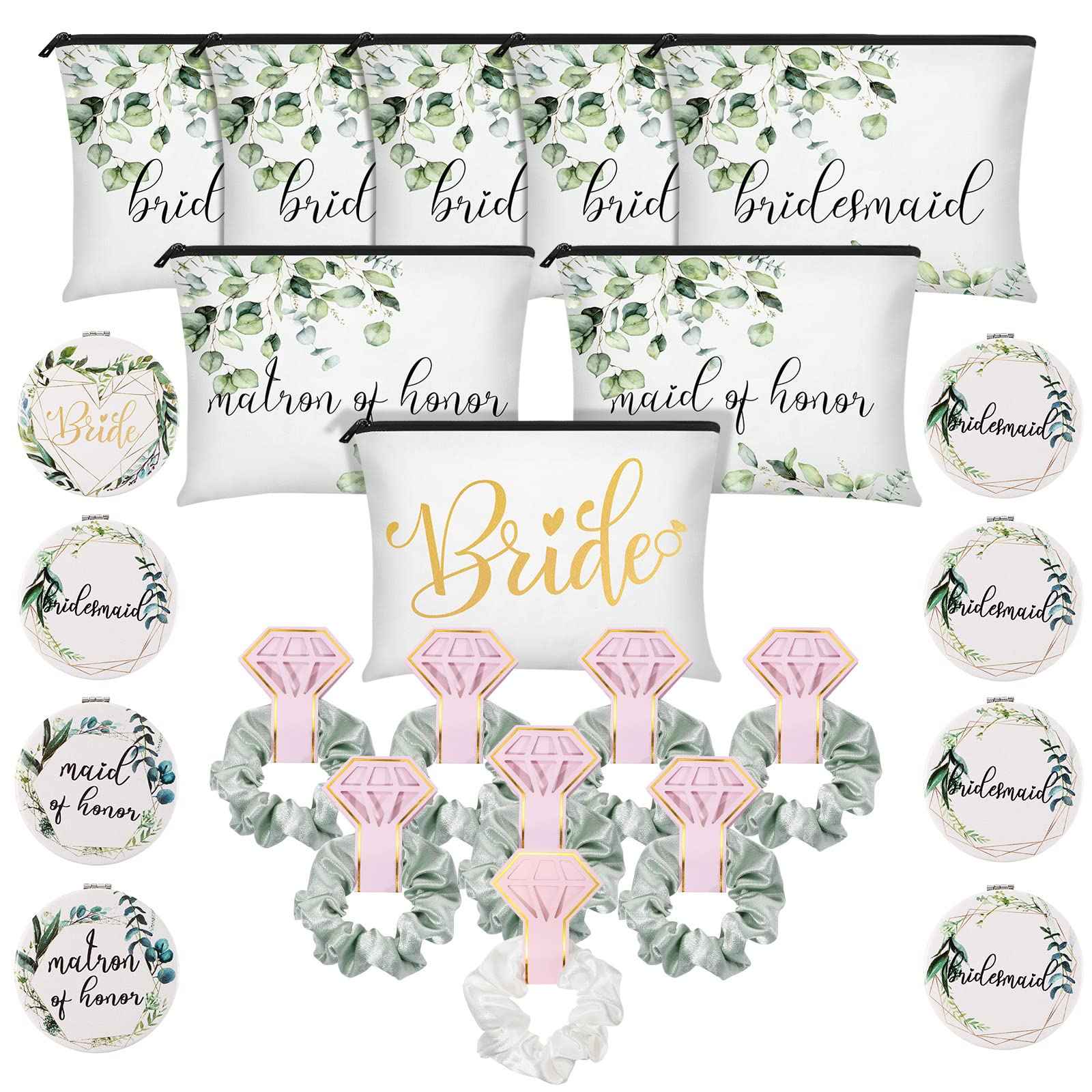 24 Pieces Bridesmaid Proposal Gifts Wedding Makeup Bag Gift Set Includes 8 Bridesmaid Makeup Bags 8 Satin Hair Scrunchies 8 Bridesmaid Compact Mirrors(Green Leaves)
