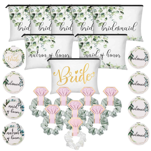 24 Pieces Bridesmaid Proposal Gifts Wedding Makeup Bag Gift Set Includes 8 Bridesmaid Makeup Bags 8 Satin Hair Scrunchies 8 Bridesmaid Compact Mirrors(Green Leaves)