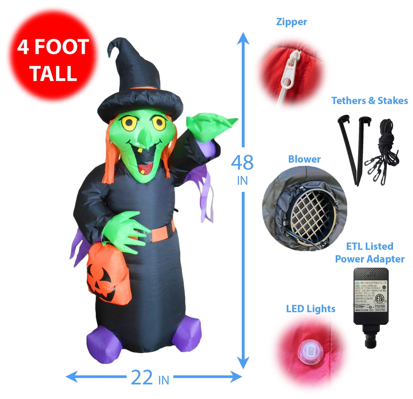 4 Foot Tall Halloween Inflatable Witch with Pumpkin Bag LED Lights Decor Outdoor Indoor Holiday Decorations, Blow up Lighted Yard Decor, Lawn Inflatables Home Family Outside