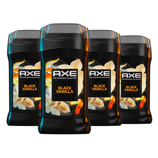 AXE Fine Fragrance Collection Deodorant Stick Black Vanilla with Orange + Sandalwood Essential Oils 4 Pack with 72H Freshness Aluminum-Free 3 oz