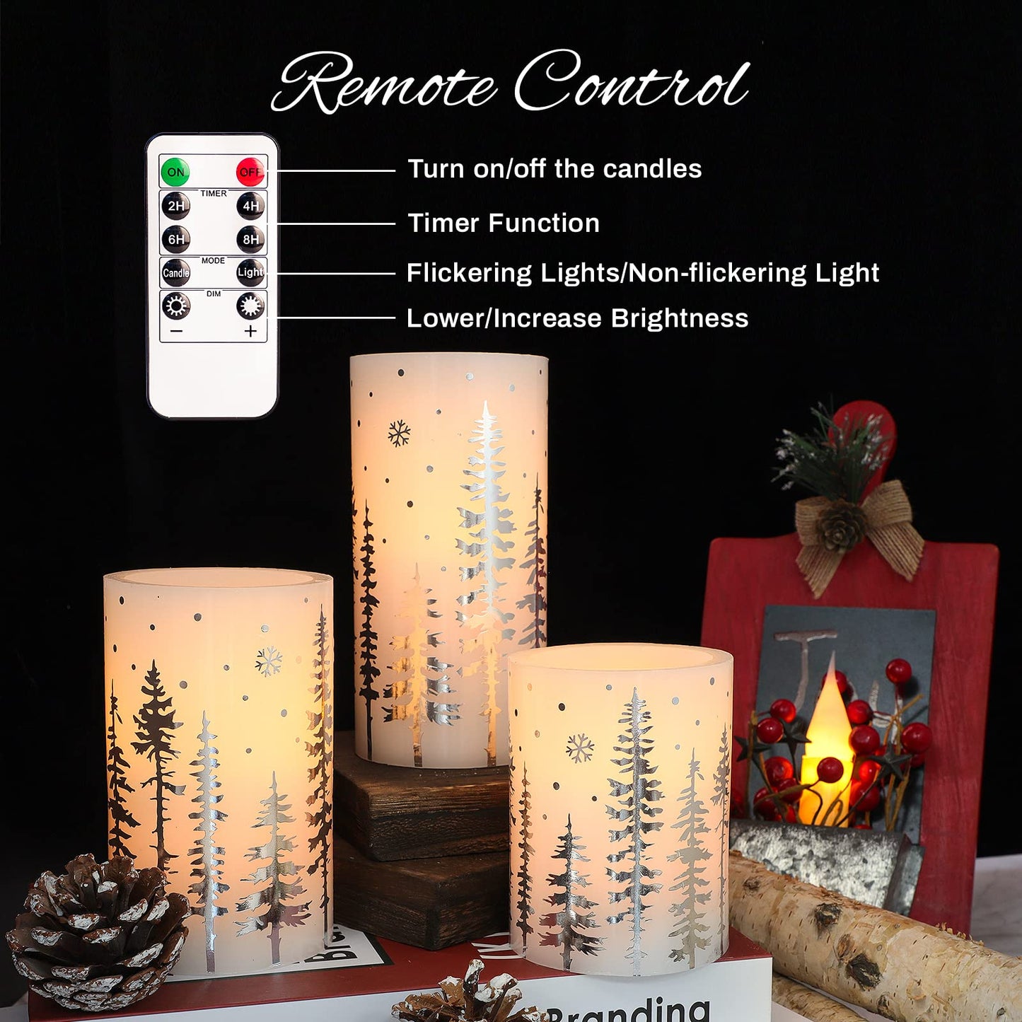 REVELBUNNY Christmas Tree LED Candles Battery Operated Flickering Flameless Candles with Remote Timer, Real Wax Pillar Candles for Birthday Home Holiday Decoration Christmas Gifts, Set of 3