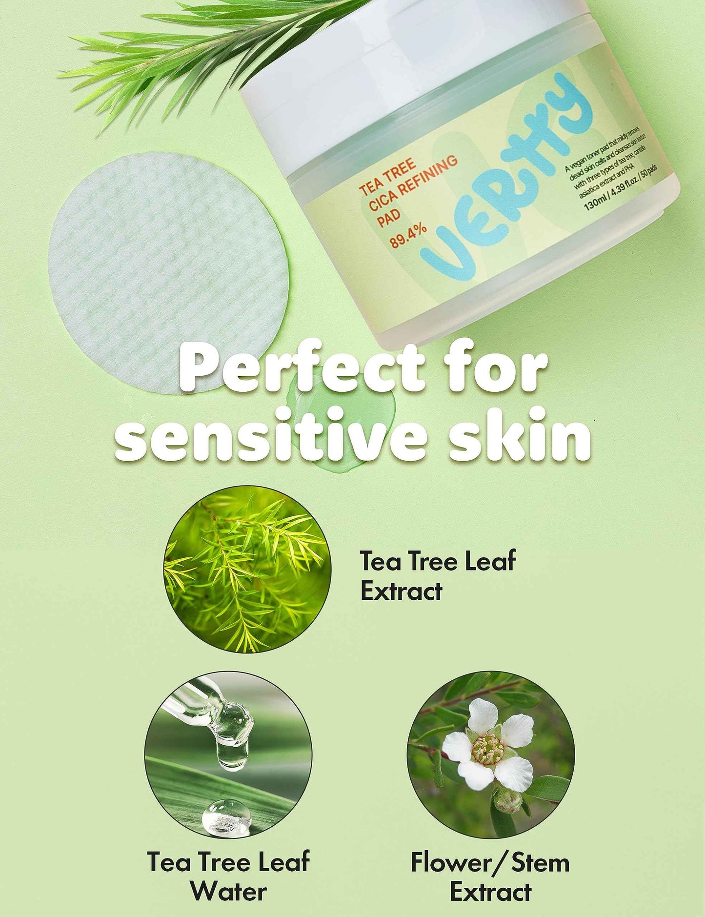 Vertty Tea Tree Cica Toner Pad | Exfoliating, Hydrating, Redness Relief Toner Pad for face | 100% Vegan Cotton Pad | Long-lasting Hydration | All Skin Types | Teens & Kids Skin Care (50 Count, 4.4oz)