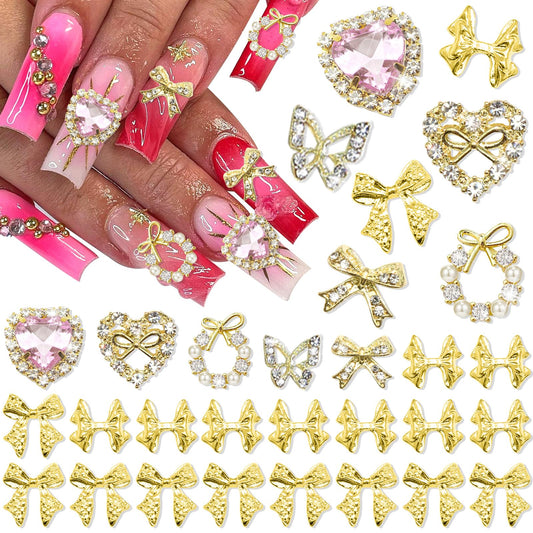 RODAKY 30PCS Gold Nail Charms 3D Butterfly Bow Nail Art Charms Multistyle Luxury Nail Jewelry Pink Crystal Rhinestone Heart Shape Nail Decoration for Acrylic Nails Manicure Design