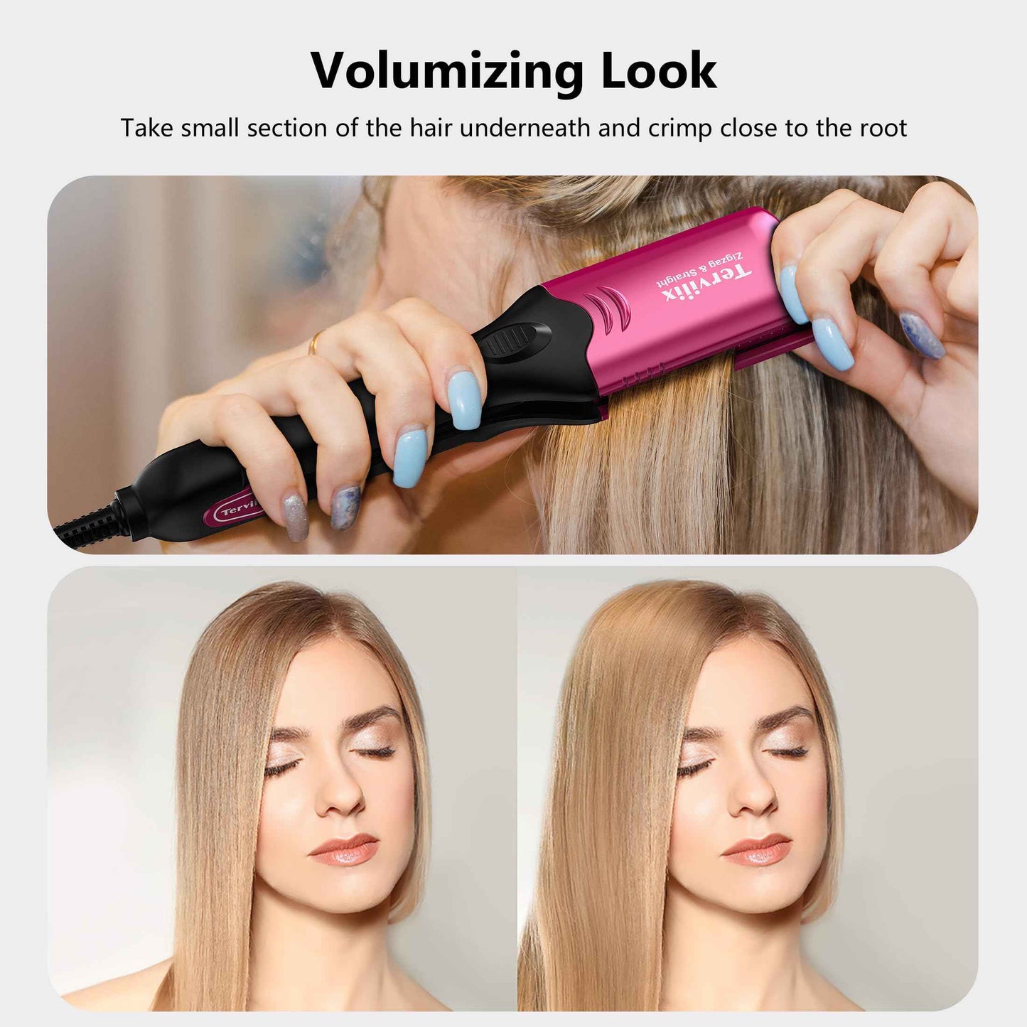 Terviiix Crimper Hair Iron with 4 Interchangeable Plates, Keratin & Argan Oil Infused Hair Crimper for Women, Volumizing Crimping Iron for Thin Fine Hair, 5 Heat Settings & 60 Mins Auto Off, Pink