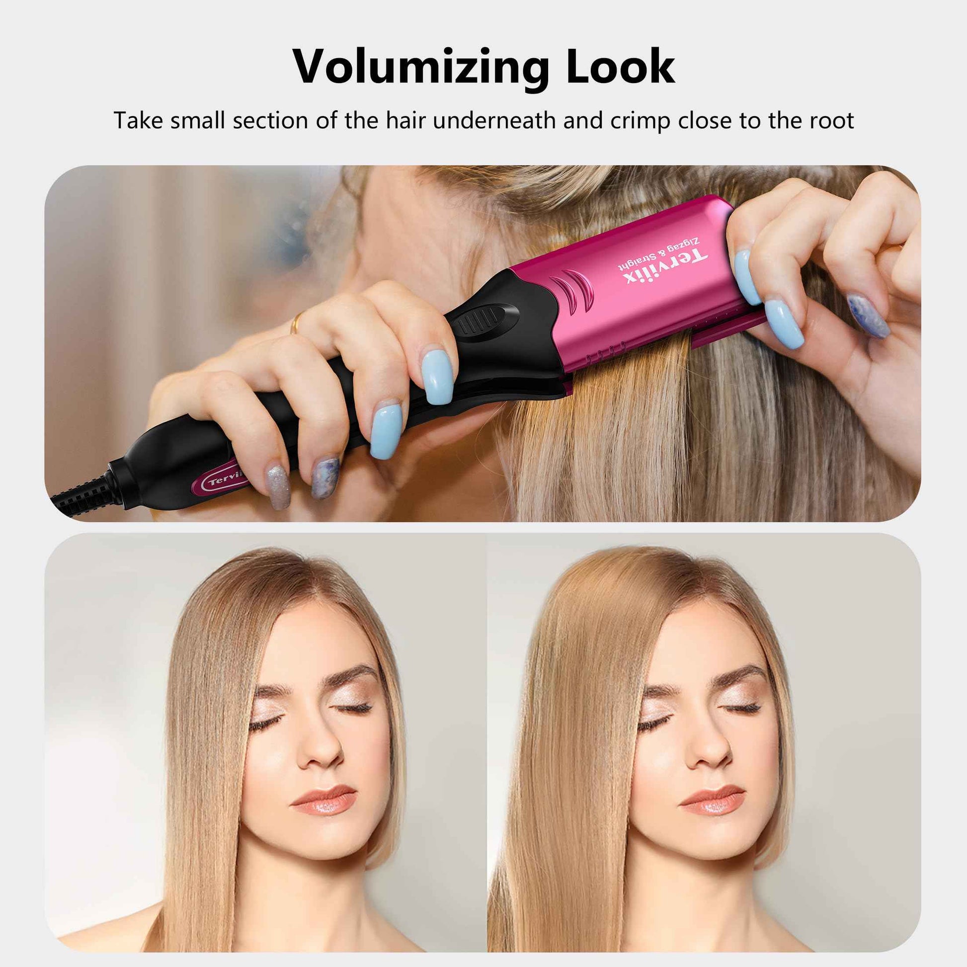 Terviiix Crimper Hair Iron with 4 Interchangeable Plates, Keratin & Argan Oil Infused Hair Crimper for Women, Volumizing Crimping Iron for Thin Fine Hair, 5 Heat Settings & 60 Mins Auto Off, Pink