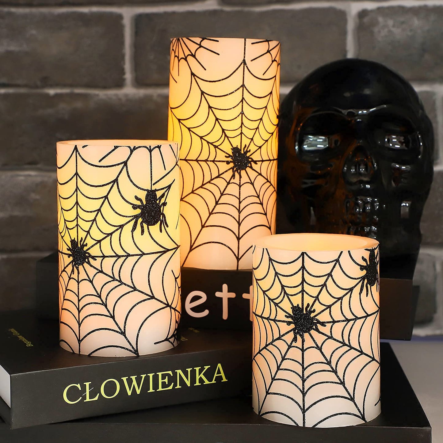 REVELBUNNY Halloween Flameless Candles, Spider Web Decal LED Flickering Candles with Remote Timer, Battery Operated Real Wax Pillar Candle for Halloween Home Party Spooky Decoration, Set of 3