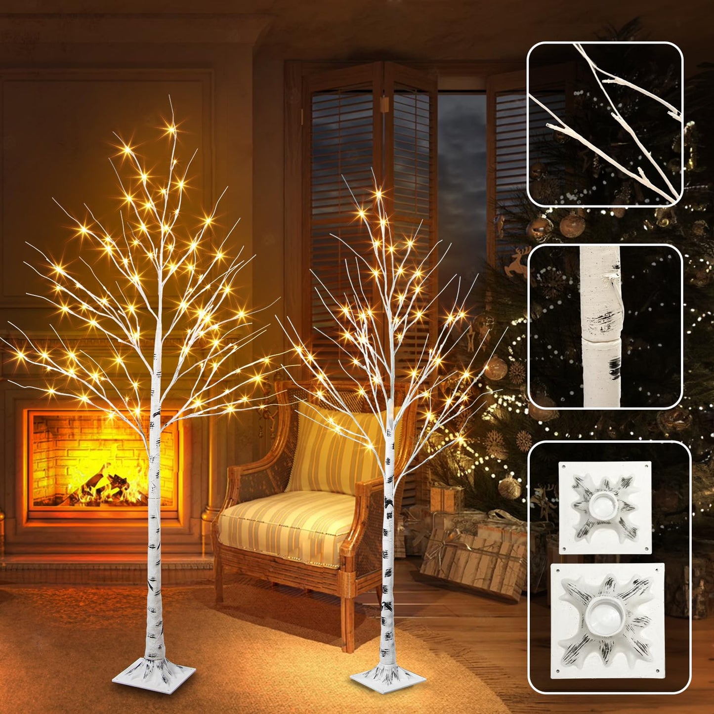 Vanthylit Prelit Birch Tree Light, White Christmas Tree for Home Party Wedding Holiday Christmas Decorations Outdoor Indoor Light Up Trees - 2 Pack 5FT 6FT (Timer)