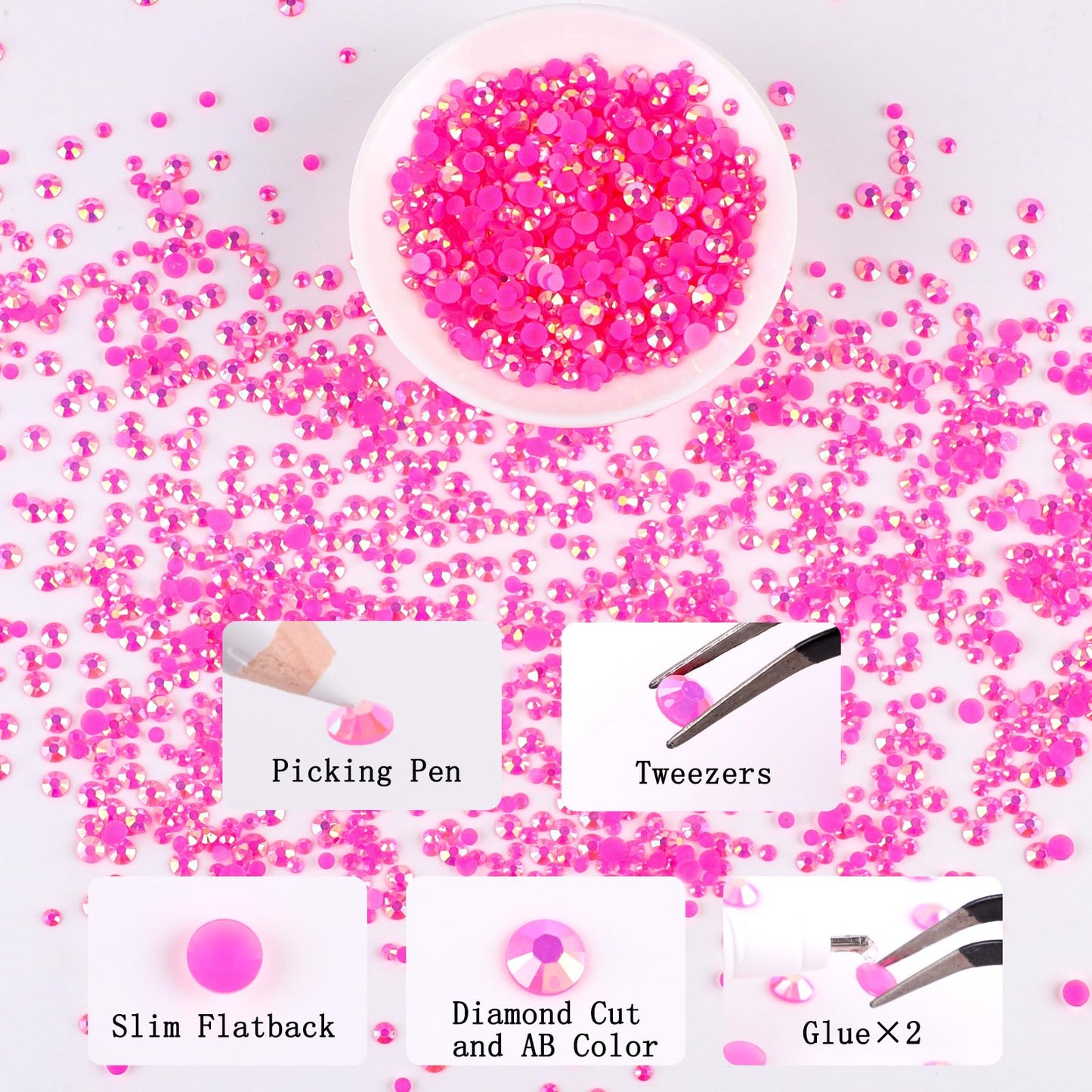 50000Pcs 3mm Hot Pink AB Resin Flatback Rhinestone, Jelly Resin Non-Hotfix Rhinestones for Crafts DIY Design, Tumblers, Clothes, Makeup, Nail Art