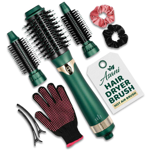 Asani Hot Air Brush - Multipurpose Blow Dryer Brush with Interchangeable Heads, Heated Round Brush for Curling or Straightening, Volumizer and Styling Tool for All Hair Types