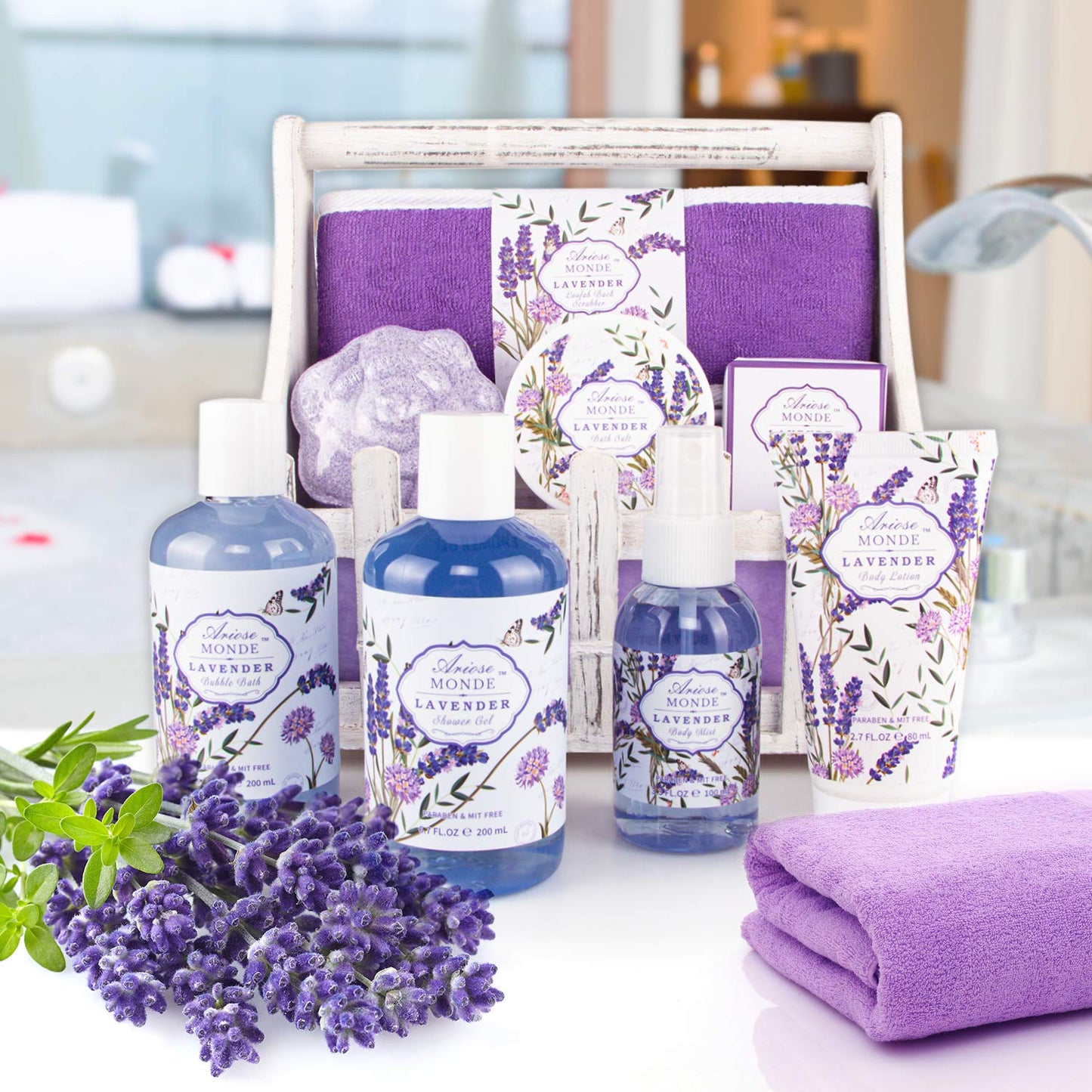 Bath Spa Basket Gift Set, with Lavender & Jasmine Scent, Home Spa Gift Basket Kits for Women, Includes Body Lotion, Shower Gel, Bath Salts, Bubble Bath, Body Mist, Bath Soap, Bath Bom