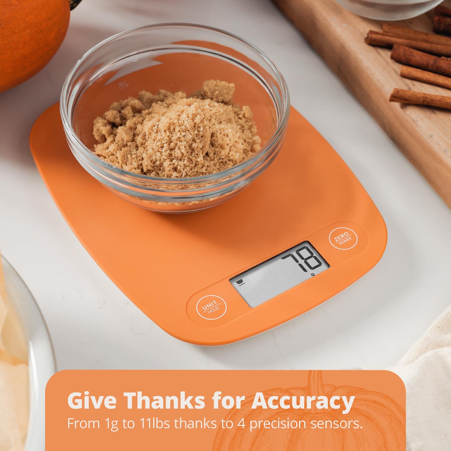 Greater Goods Digital Kitchen Scale - Cooking, Baking, Meal and Food Prep Scale, Weighs in Grams, Pounds and Ounces, Pumpkin Orange