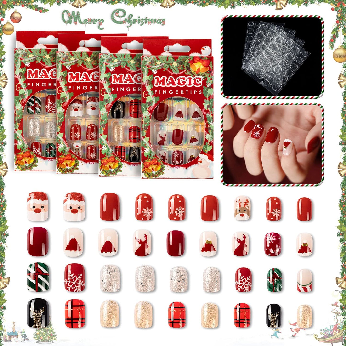 Noverlife 96PCS Christmas Short Squoval Press on Nails w/Nail Glue Tabs, Christmas Square Oval Fake Nails Acrylic Fingernails Xmas False Nail Tips, Festive Holiday Nail Art Manicure Decor for Women