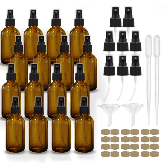 GIVAMEIHF Amber Spray Bottles about 4oz Amber Small Empty Spray Bottle Fine Mist Spray Refillable Containers, Set of 16, Included 24 nozzles, 2 Funnels, 2 Droppers, 24 Labels