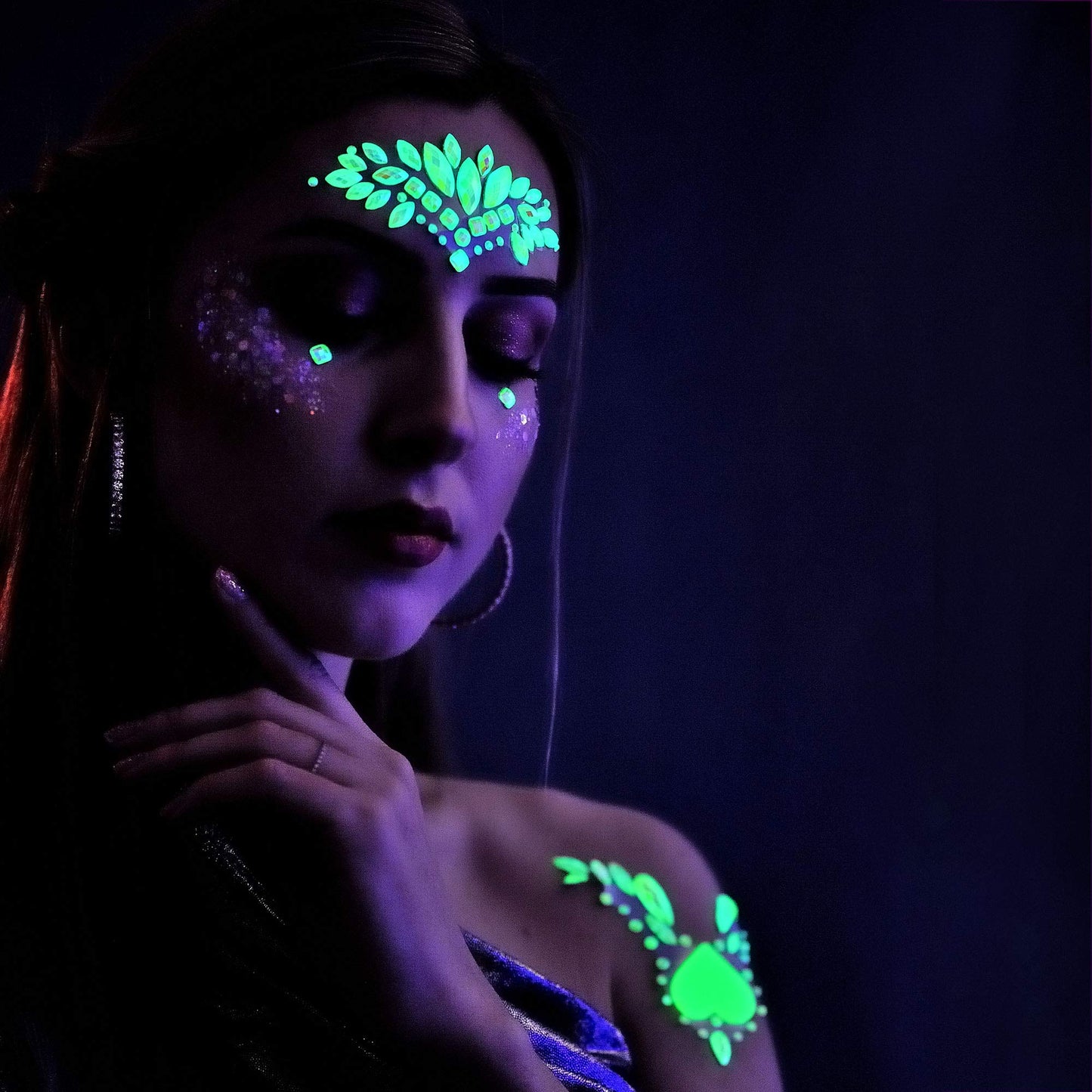 Meredmore 8Sets Glow in the Dark Face Gems Jewels Rave Noctilucent blacklight UV Body Stickers Luminous tattoos mermaid accessories pasties makeup for Women Halloween Festival