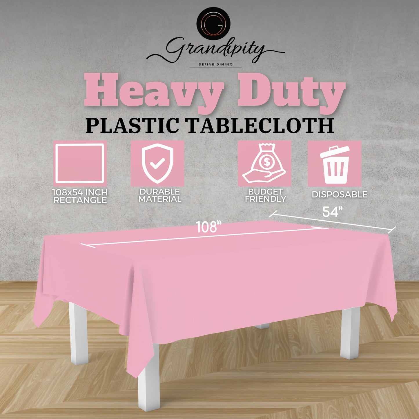 Grandipity Pink 12 Pack Premium Disposable Plastic Tablecloth 54 Inch. x 108 Inch. Decorative Rectangle Table Cover