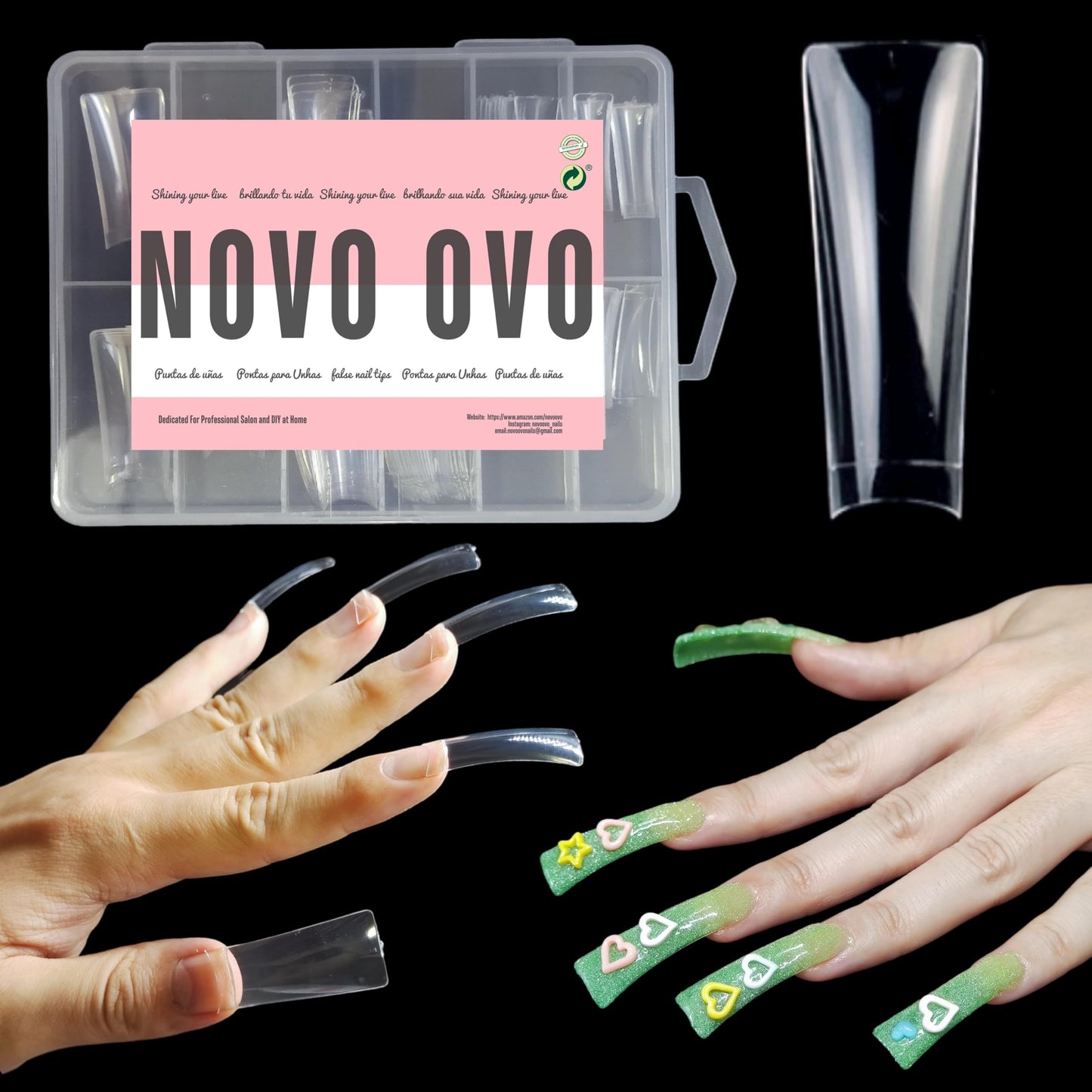 NOVO OVO 110 pcs Extra Super Long Duck Feet Nail Tips Half Cover for Press On Acrylic, Clear XXL XXXL Y2K Wide French Winter Flare Nail Soft Gel Extension for Salon DIY x 11 Sizes