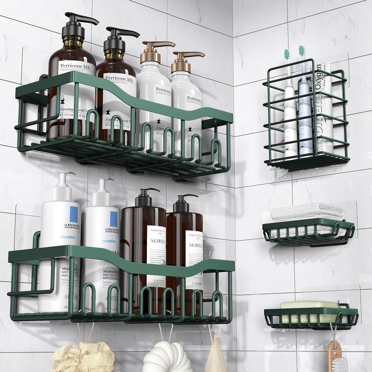 Shower Caddy 5 Pack,Adhesive Shower Organizer for Bathroom Storage&Home Decor&Kitchen,No Drilling,Large Capacity,Rustproof Stainless Steel Bathroom Organizer,Shower Shelves for Inside Shower-Larger