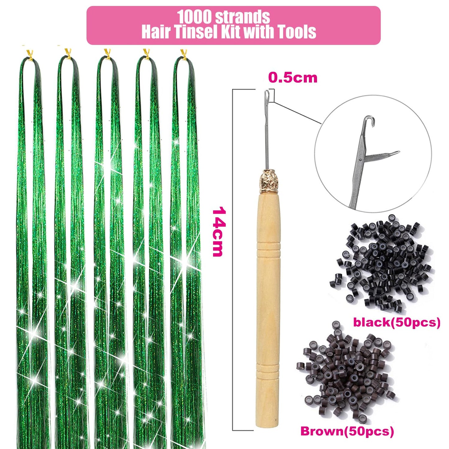 Hair Tinsel Kit 1000 Strands and 6 Pcs Clip in Hair Tinsel Glitter Tinsel Hair Extensions Heat Resistant Sparkling Fairy Hair Accessories for Kids Women Girls (Green)