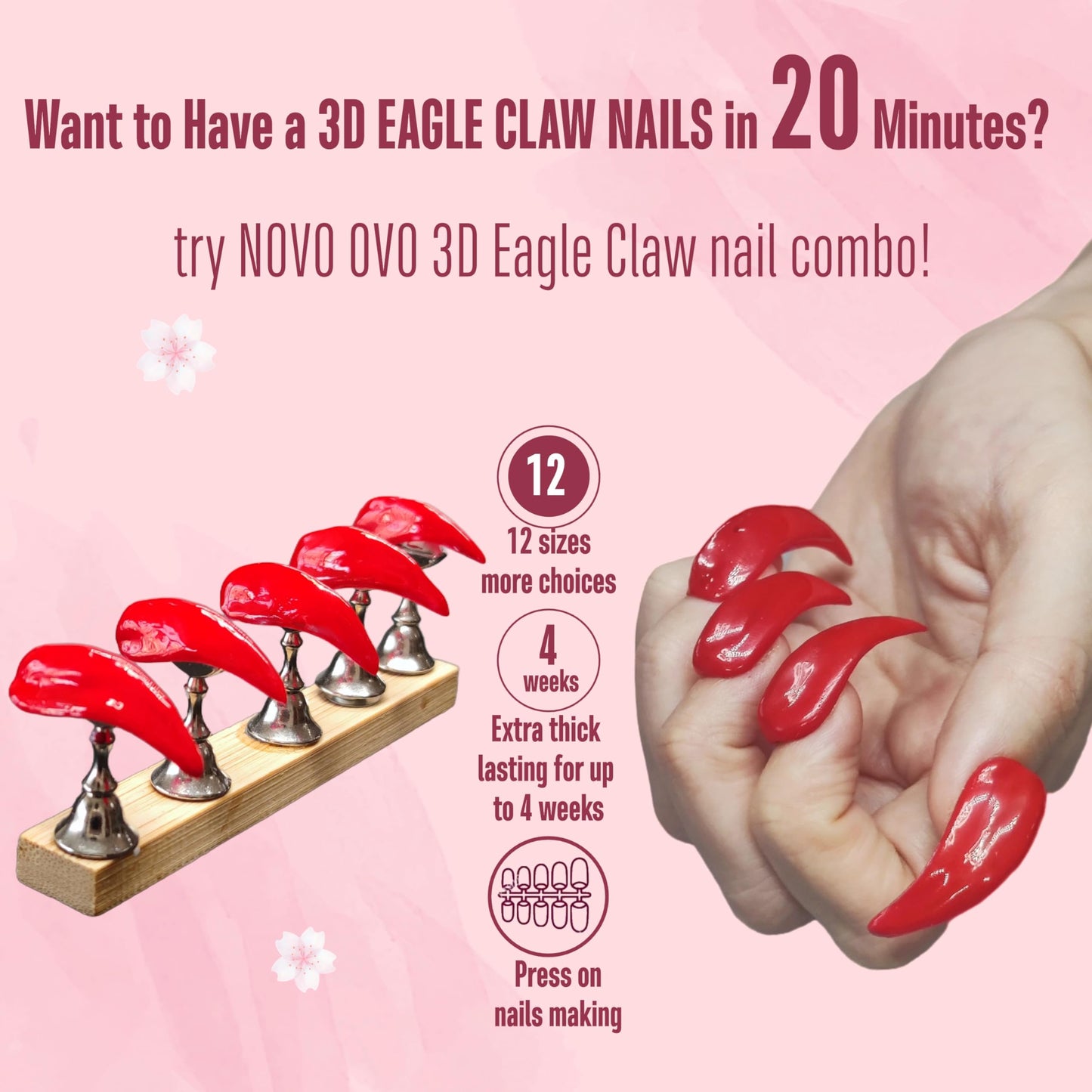 NOVO OVO 3D Eagle Claw nails kit, 1 Full Cover Curved Stiletto Nail tips (120pcs) with 2 Solid Sulpture Gel Glue (20ml each), to Make Press on x Extension Acrylic Hawk Raptor Sharp Fake Cosplay Nails